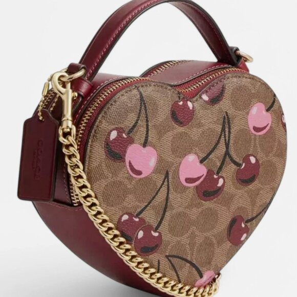 COACH Heart Crossbody Bag Signature Cherry Print Canvas CY706 Tan and Red - Picture 3 of 16